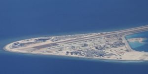 A man-made Chinese airstrip in the heavily contested South China Sea.