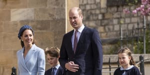 Prince William,the Duke of Cambridge and Catherine,the Duchess of Cambridge attend the Easter Sunday service at St George’s Chapel in Windsor with their children Prince George and Princess Charlotte. 
