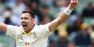 Scott Boland celebrates after taking his first Test wicket during the 2021 Boxing Day Test. 