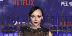 Christina Ricci wore a black spiderweb gown by Rodarte to the Wednesday premiere last month.