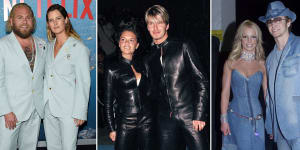 Victoria and David Beckham wearing matching Gucci leather suits in 1999 and Britney Spears with Justin Timberlake in denim at the AMAs in 2001.