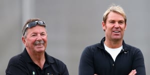 Rod Marsh,left,with Shane Warne,right,at Old Trafford in 2013. 