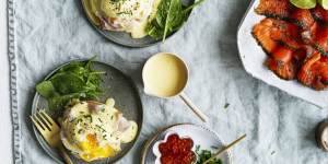 ***EMBARGOED FOR GOOD FOOD MAGAZINE,MARCH 6,2020 ISSUE*** Jill Dupleix eggs benedict masterclass. Photograph by William Meppem (photographer on contract,no restrictions)