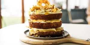 Sunshine on a plate:Hummingbird cake stacked with lemon curd and cream cheese icing,and topped with golden-hued decorations if you're feeling'extra'.
