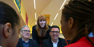 Keir Starmer,Angela Rayner and Andy Burnham meeting with schoolchildren during a visit to a primary school last month.