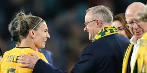 Prime Minister Anthony Albanese celebrated with Steph Catley after the Matildas’ first World Cup match in Sydney.