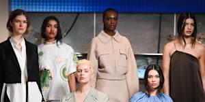 The nominees and winners for the National Designer Award. (l-r) Models Anna Robinson in E Nolan,Anastasia Stanislaus in Alemais,Camille Macdonald in Blanca,Akelo Costa in Clea,Vanessa Slamin in Joslin and Jemma Wittwer in Beare Park.