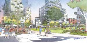 An artist's impression for one of the options of the redevelopment,the Waterloo Village Green. 