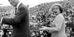 Queen Elizabeth and Prince Philip at the closing ceremony of the 1982 Commonwealth Games in Brisbane. 