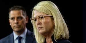 Police Minister Yasmin Catley and Health Minister Ryan Park at a press conference on Tuesday.