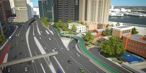 An artist's impression of the 2016 proposed cycle ramp on the opposite side of the freeway. 