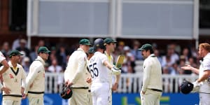 Jonny Bairstow remonstrates with Australia after he was stumped.