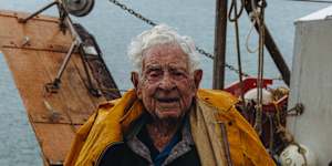 Santo La Macchia on his boat Joyce,named after his late wife.