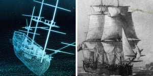 A pre-visualisational digital model of Lieutenant James Cook’s vessel the Endeavour,compared to an old sketch of the ship.