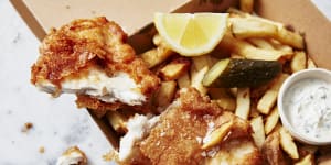 Battered Murray cod and chips from Charcoal Fish,Rose Bay.