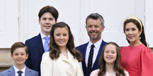 From left,Denmark’s Prince Vincent,Prince Christian (back),Princess Isabella,Crown Prince Frederik,Princess Josephine and Crown Princess Mary at the Danish Palace in April 2022.