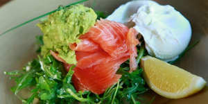 Hey Jude's"brekkie salad",with poached eggs and house-cured salmon.