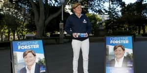 Christine Forster,a Liberal councillor in the City of Sydney and sister of former prime minister Tony Abbott,campaigns to become Sydney's lord mayor in Hyde Park.
