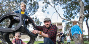 Marcus Veerman,CEO of Playground Ideas,in a Brunswick East playground based on his DIY designs.