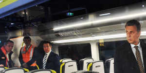 Transport minister Andrew Constance shows off the new Intercity train fleet on Tuesday at Hurstville. 