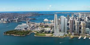 Early plans for Crown’s $2 billion casino tower,showing Central Barangaroo as a mid-rise precinct. 