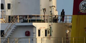 People on board the hijacked ship ex-MV Ruen on Saturday.