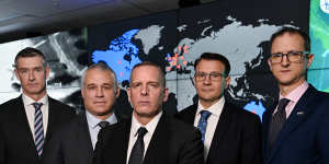 Five Eyes Law Enforcement Group (from left):New Zealand Police commissioner Andrew Coster,Royal Canadian Mounted Police commissioner Mike Duheme,FBI deputy director Paul Abbate,AFP Commissioner Reece Kershaw and UK National Crime Agency director general Graeme Biggar.