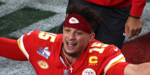 Patrick Mahomes of the Kansas City Chiefs celebrates after defeating the San Francisco 49ers 25-22 in overtime in the Super Bowl.