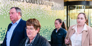 Philippa and Peter Fitzpatrick leave Lidcombe Coroner’s Court on Monday with their daughters Amanda (left) and Emma.