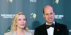 Prince William,right,joins actress Cate Blanchett on the Earthshot Prize green carpet in Singapore on Tuesday night.