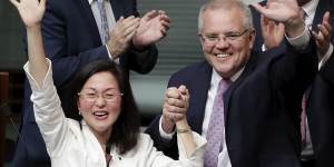 Liberal MP Gladys Liu and Prime Minister Scott Morrison after her maiden speech,in which she declared,“How good is Australia?”