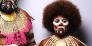 Yessie Mosby and his son Genia pose backstage ahead of the First Nations show at Australian Fashion Week in May.