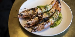 Charred tiger prawns,lemon and dill.