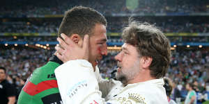 Russell Crowe with Sam Burgess after South Sydney’s win in the 2014 grand final.
