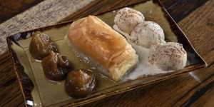 Greek desserts include baked figs in cognac served with halva ice-cream.