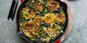 Crispy pasta nests with chickpeas and greens.