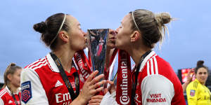 Australian teammates Caitlin Foord and Catley celebrate winning the FA Women’s League Cup with Arsenal in March.