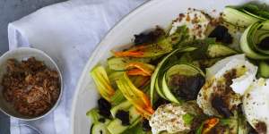 Zucchini and buffalo mozzarella salad with mint,dried olives and anchovy dust.