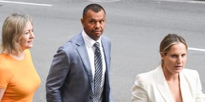 Kurtley Beale arrives at court on Wednesday with his barrister Margaret Cunneen,SC,(left) and wife Maddi Beale (right).
