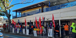 CFMEU members protest at the Cross River Rail construction site in Roma Street.