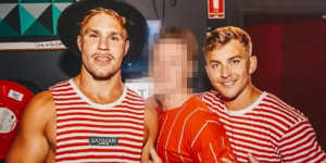 Jack de Belin (left) and Callan Sinclair (right) on a pre-Christmas pub crawl in Wollongong in 2018.