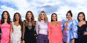 The cast of The Real Housewives of Sydney’s second season (from left):Krissy Marsh,Victoria Montano,Sally Obermeder,Dr Kate Adams,Terry Biviano,Caroline Gaultier and Nicole Gazal O’Neil.