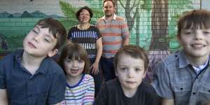 Caitlin Le Vaillant,husband Tobye and kids Bertie,6,twins Beatrix and Ludo,4,and Teddy 8. 