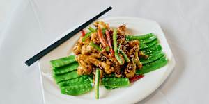 Eel in red wine sauce.