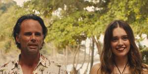 Walton Goggins as Rick Hatchett and Aimee Lou Wood as Chelsea in season three of The White Lotus.