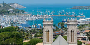 Noumea’s Moselle Bay with St Joseph Cathedral in the foreground.