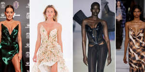 ‘Bunny ears’ (from left):Brodie Ryan at the Brownlow in Sean Rentero,and Zimmermann,Adut Akech for Mugler,and Y-Project at Paris Fashion Week.