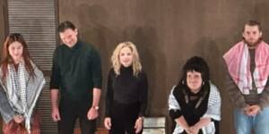 Mabel Li (left),Harry Greenwood (right) and Megan Wilding (middle) wearing keffiyehs at the curtain call of the opening night of STC’s The Seagull,on November 25.