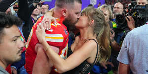 Standing by her man:Taylor Swift with her boyfriend,the Kansas City Chiefs’ Travis Kelce,following his Super Bowl victory last month.
