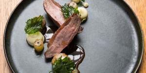 Duck with nettles,grapes and parsnip.